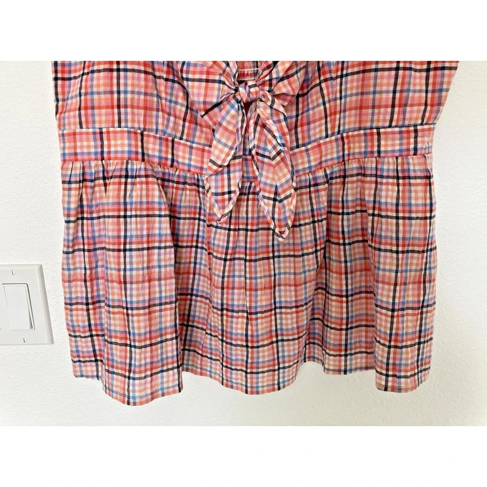 Loft Womens Babydoll Top Size L Seersucker Plaid Smocked Preppy Cottage‎ Retro